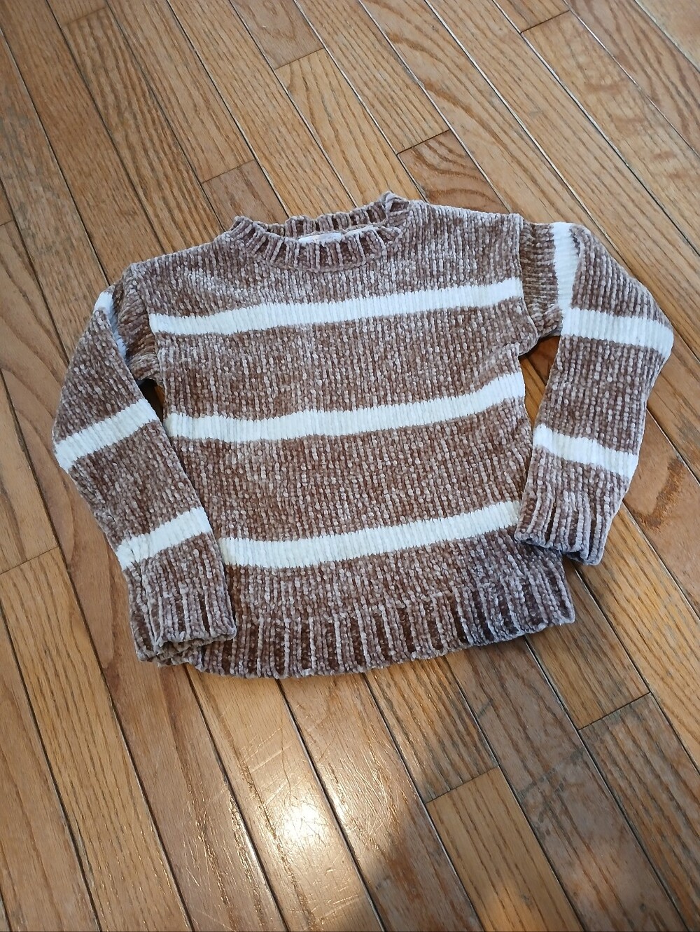 Poof Girl Knit Crewneck Brown and White Striped Sweater 3T